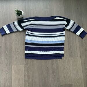 White House Black Market Blue Stripped Knit Sweater with Crochet Detail